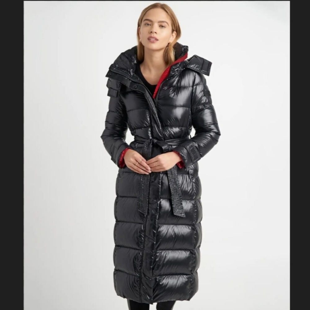 NWOT KARL LAGERFELD PARIS Women's Shine Hooded Belted Puffer Coat Size L